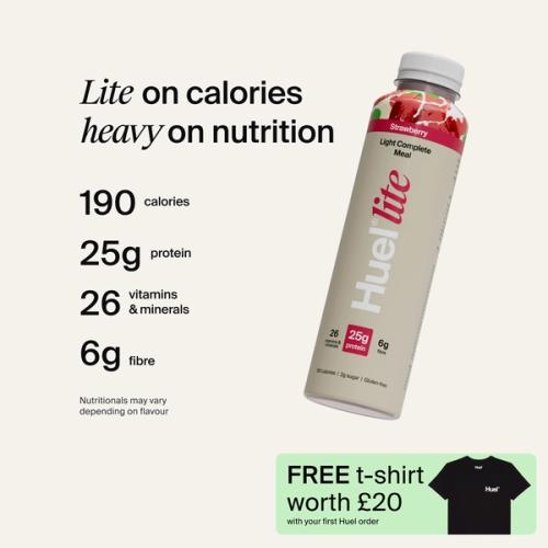 A picture of a Huel's lite ready-to-drink bottle in Strawberry with nutrition callouts