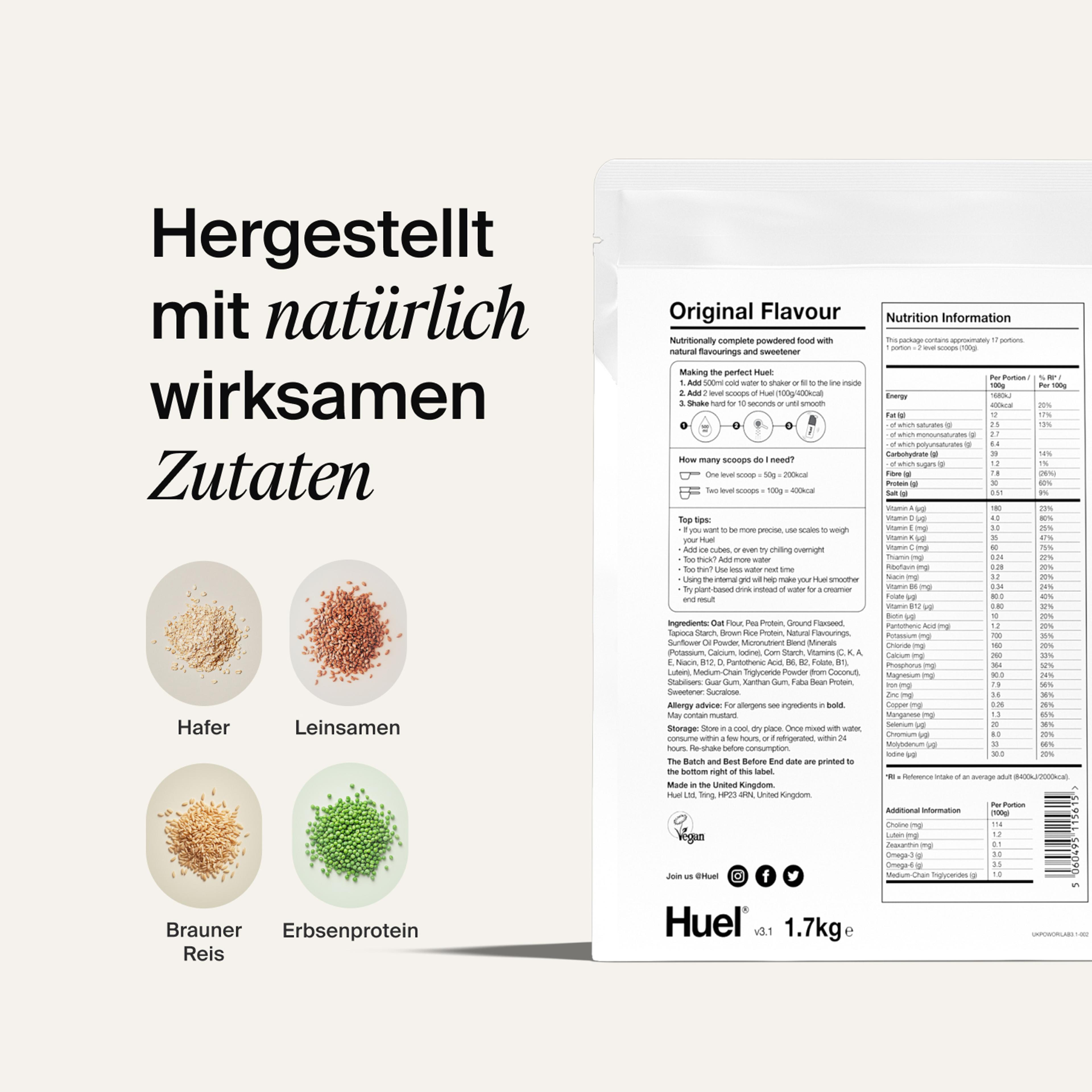 Back of pack nutritional information for Huel Powder