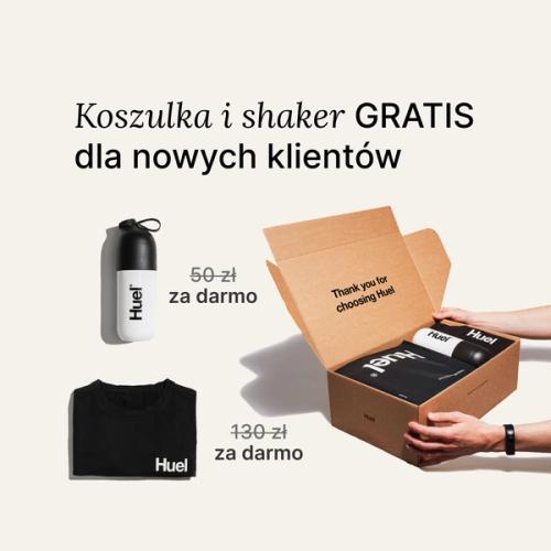 Otwieranie zestawu startowego Huel zawierającego czarną koszulkę Huel i shaker Huel.