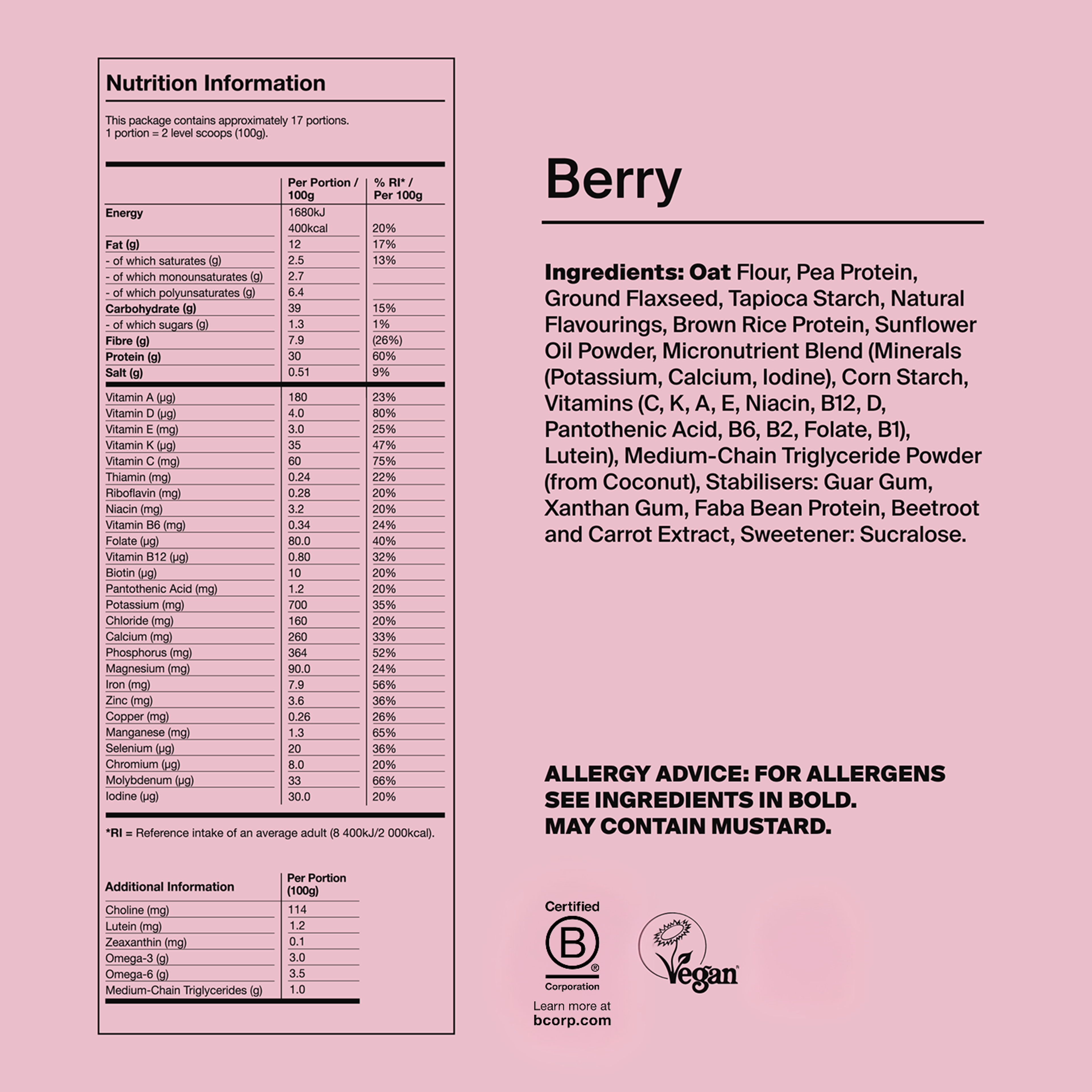Back of pack nutritional information for Huel Powder
