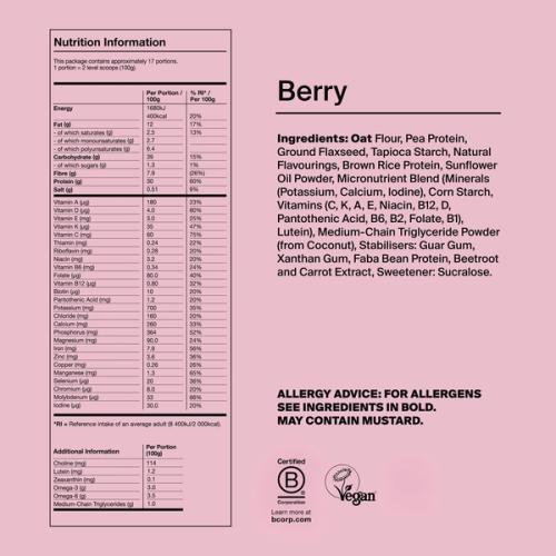 Back of pack nutritional information for Huel Powder