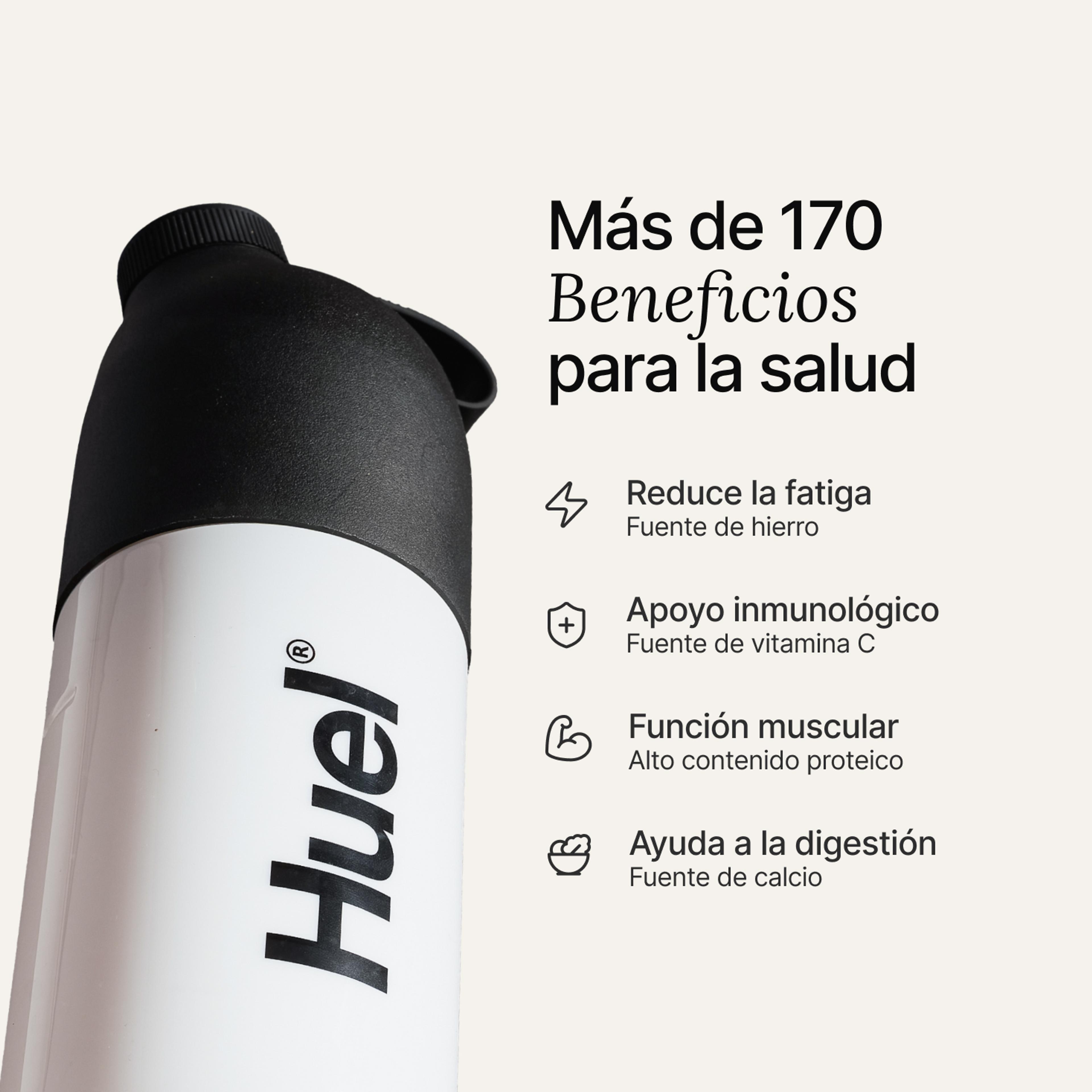 A black and white Huel Shaker set against a neutral background, accompanied by health benefit callouts