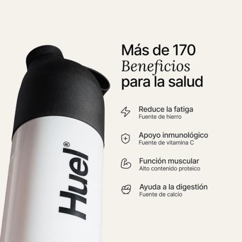 A black and white Huel Shaker set against a neutral background, accompanied by health benefit callouts