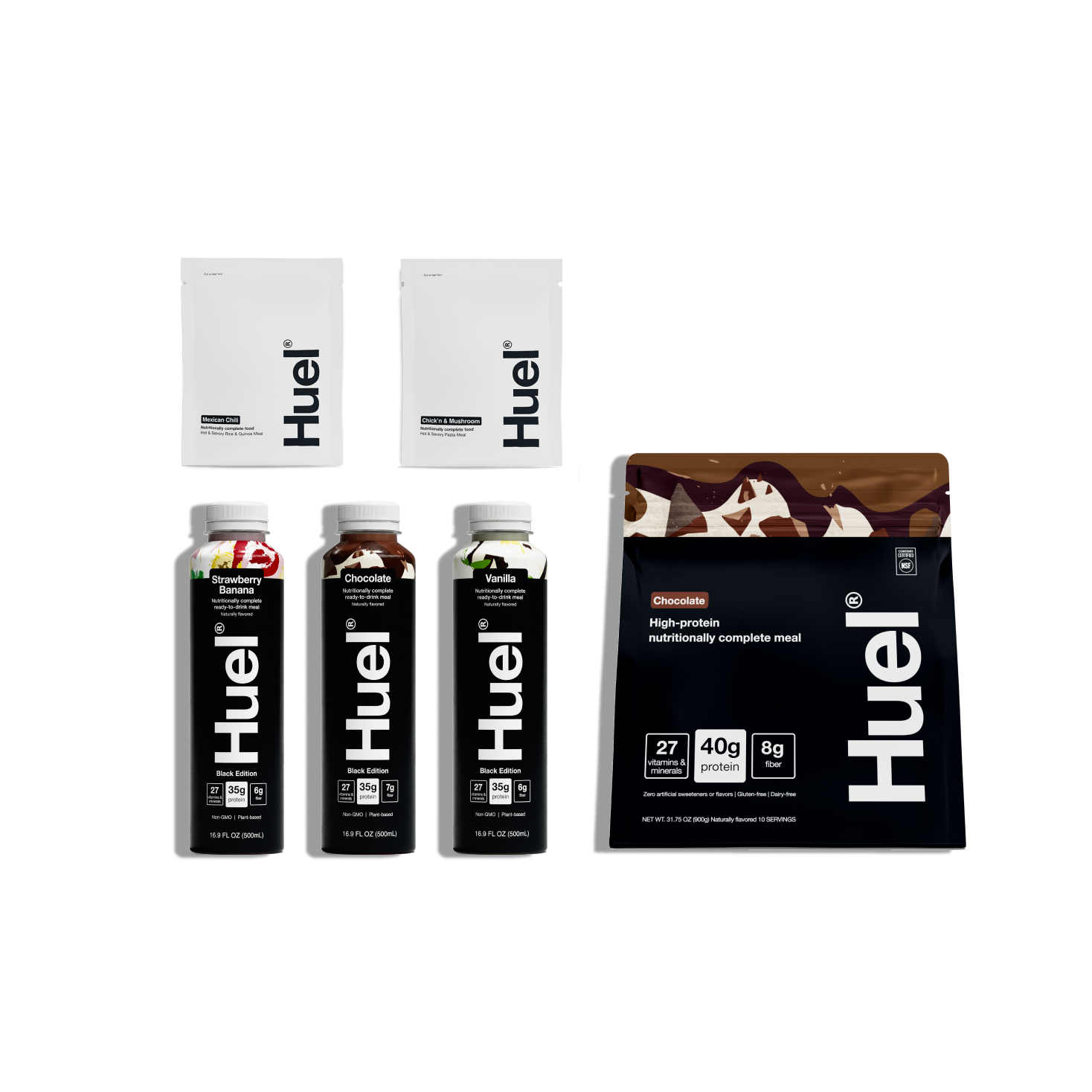 A flatlay grid image containing a bag of Huel Superblend powder next to cans of Huel Greens Ready-to-drink