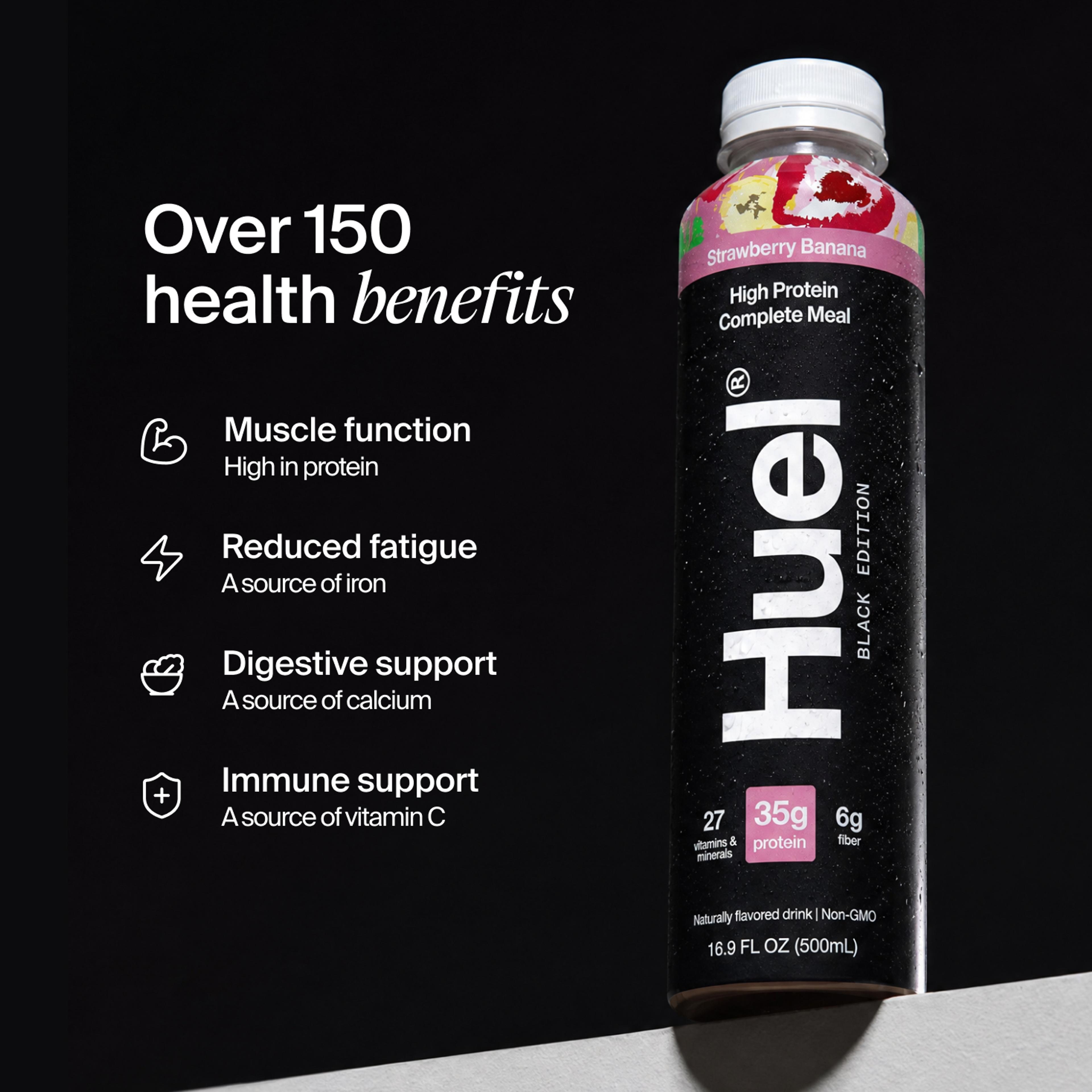Bottle of Huel Ready-to-drink with health benefits written beside it
