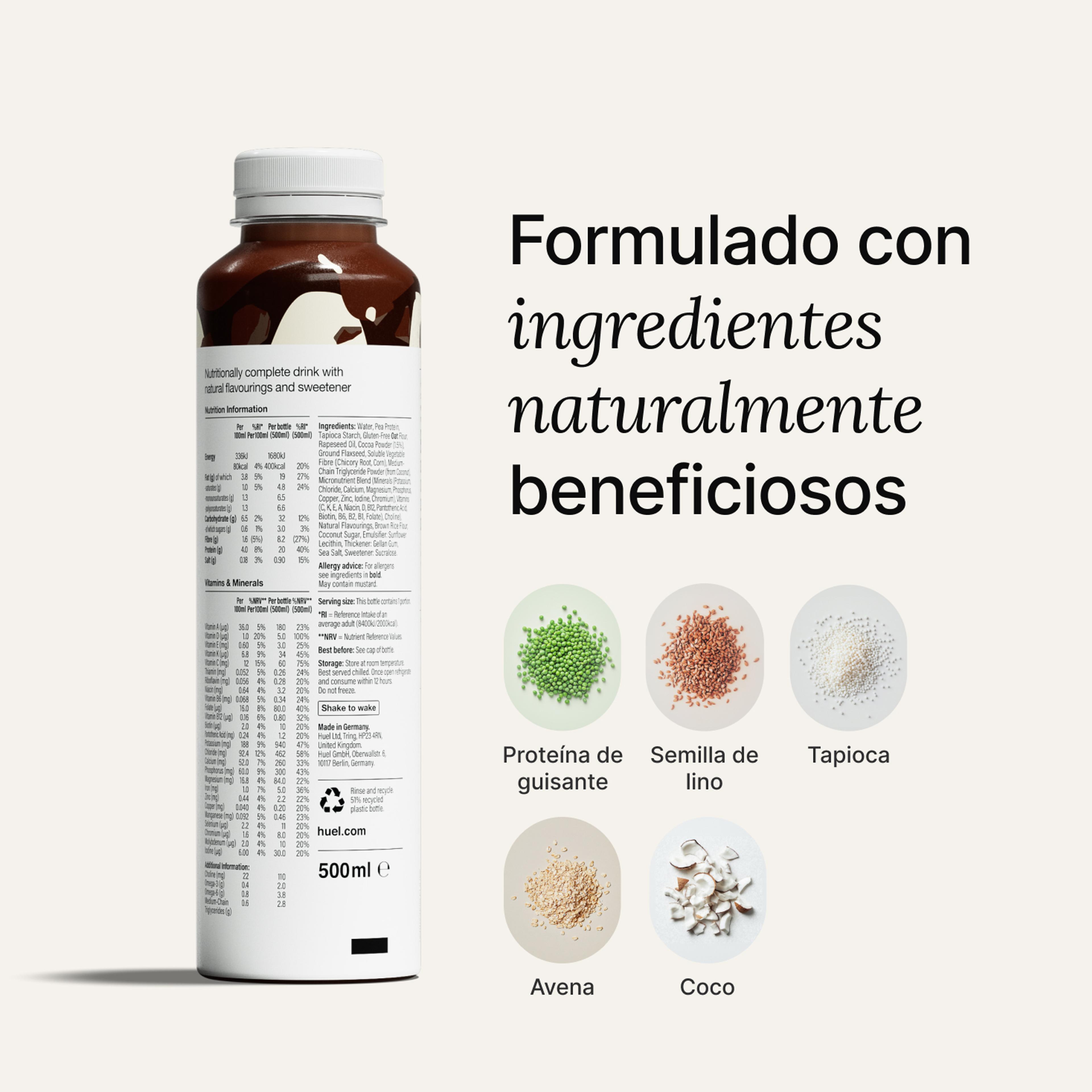 Reverso de una botella de Huel lista para beber sobre fondo neutro acompañado de texto y primeros planos de los ingredientes.