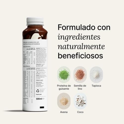 Reverso de una botella de Huel lista para beber sobre fondo neutro acompañado de texto y primeros planos de los ingredientes.