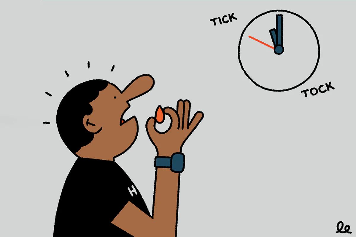 cartoon image of a man eating whilst looking a clock that is going tick tock