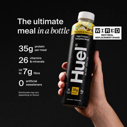 Huel Black Edition Ready-to-drink bottle held in hand, alongside text highlighting 35g protein, 26 vitamins and minerals, up to 7g fibre, and no artificial sweeteners.