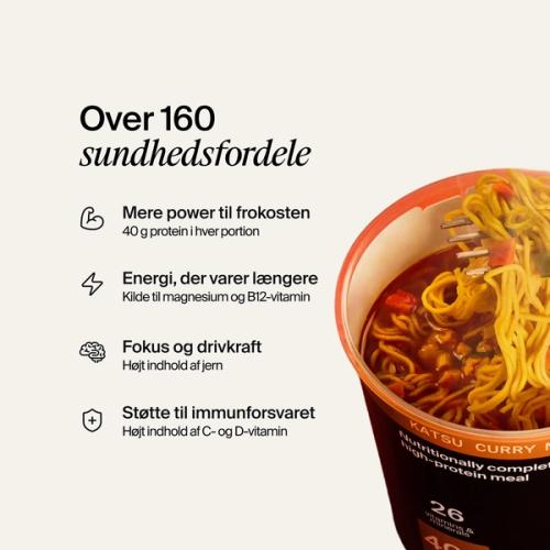 An open pot of Huel Black Edition Ramen on a neutral colour background with benefits listed