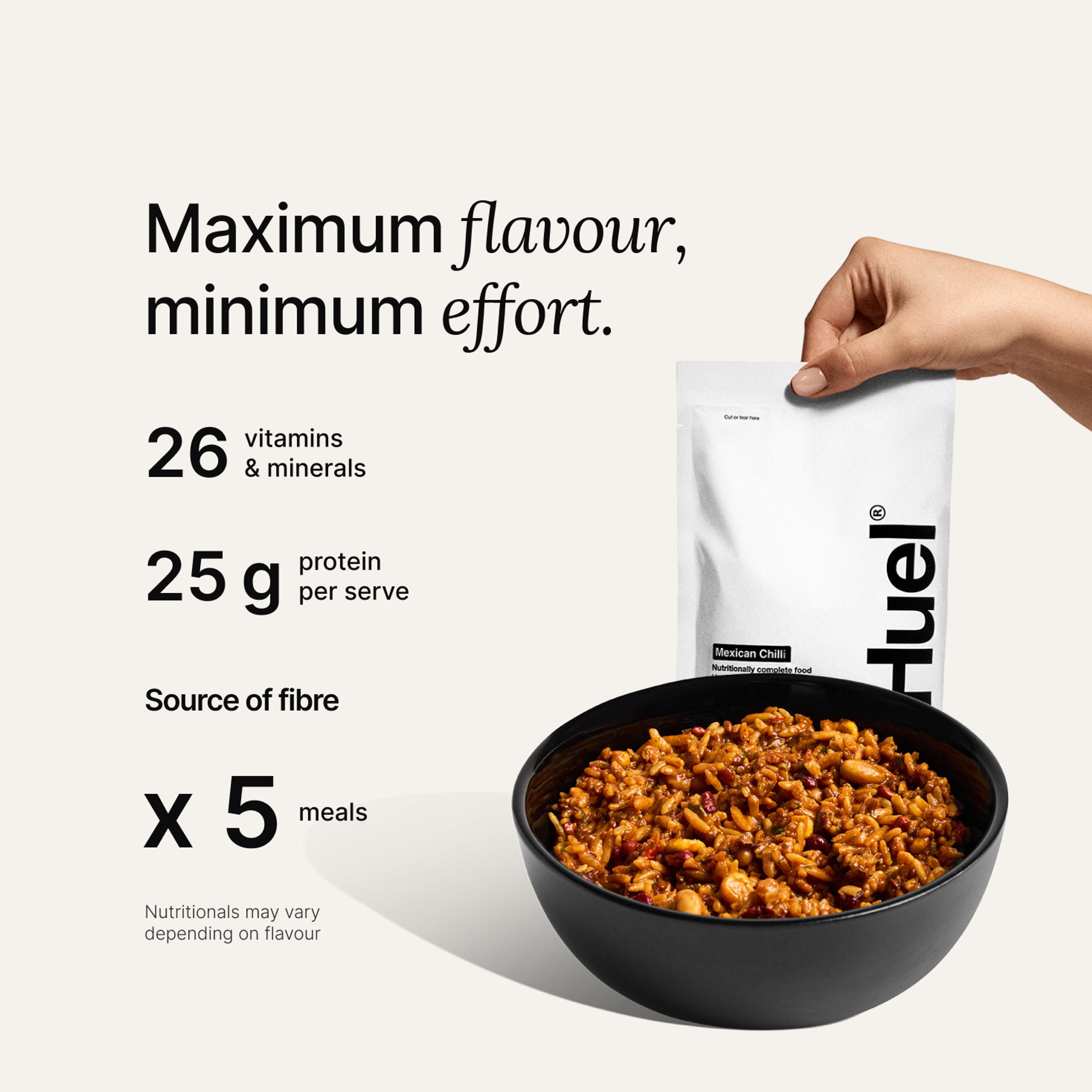 Huel Hot & Savoury Meal Packs set against a neutral colour background with health benefits written beside it
