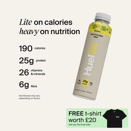 A picture of a Huel's lite ready-to-drink bottle in Banana with nutrition callouts