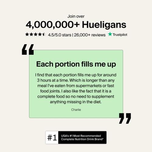 A real review from a Huel customer saying how Huel is easy and tasty, with added stats around Trustpilot reviews