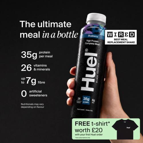 a hand holding a Bottle of Huel RTD with key benefits written next to it