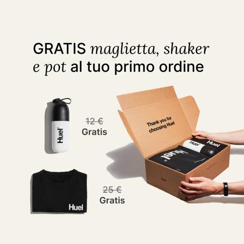 Tutti i prodotti Huel più venduti accanto a una T-shirt Huel nera