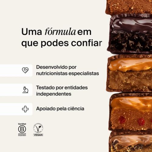 A stack of Huel caramel and peanut bars next to scientific claims about Huel products