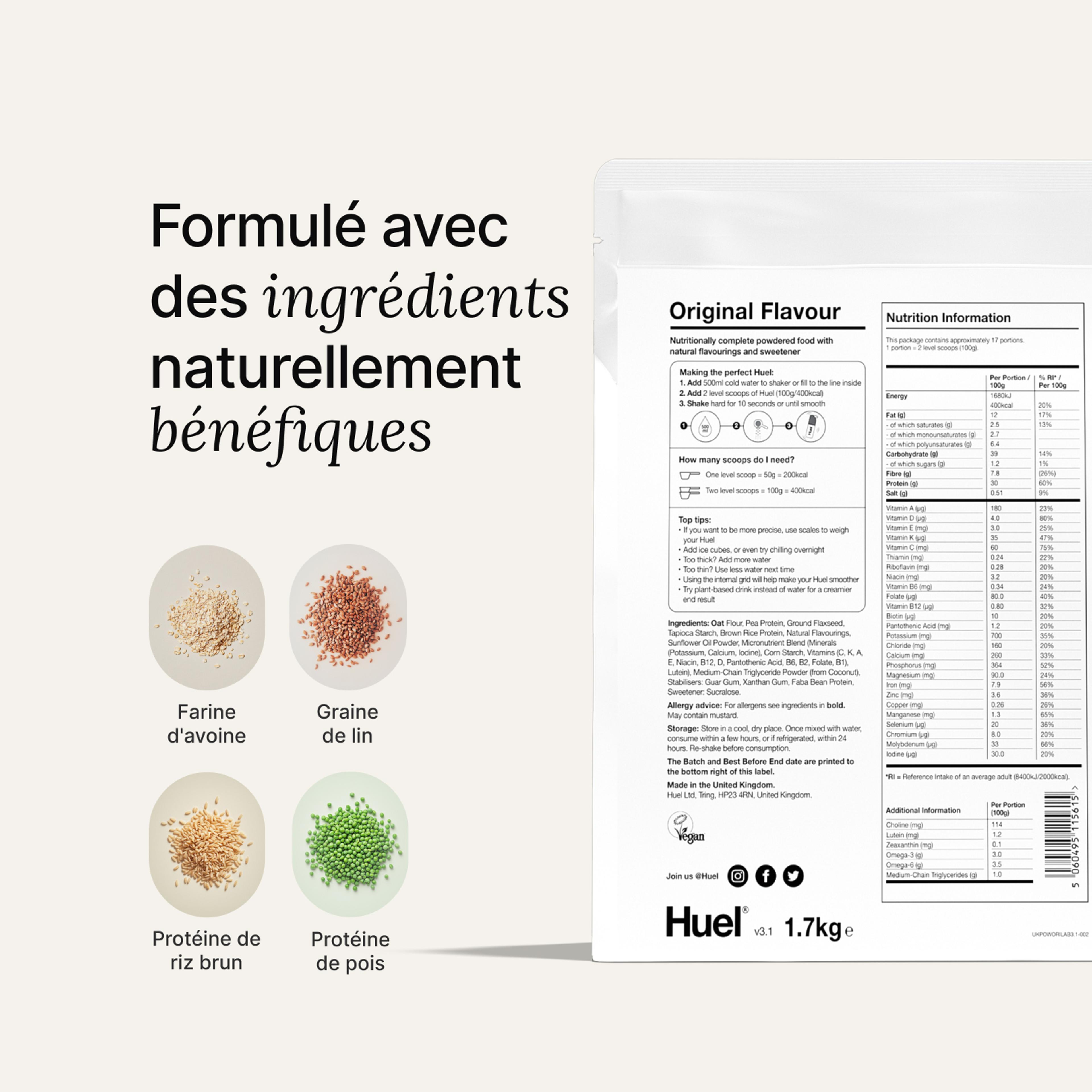 Back of pack nutritional information for Huel Powder