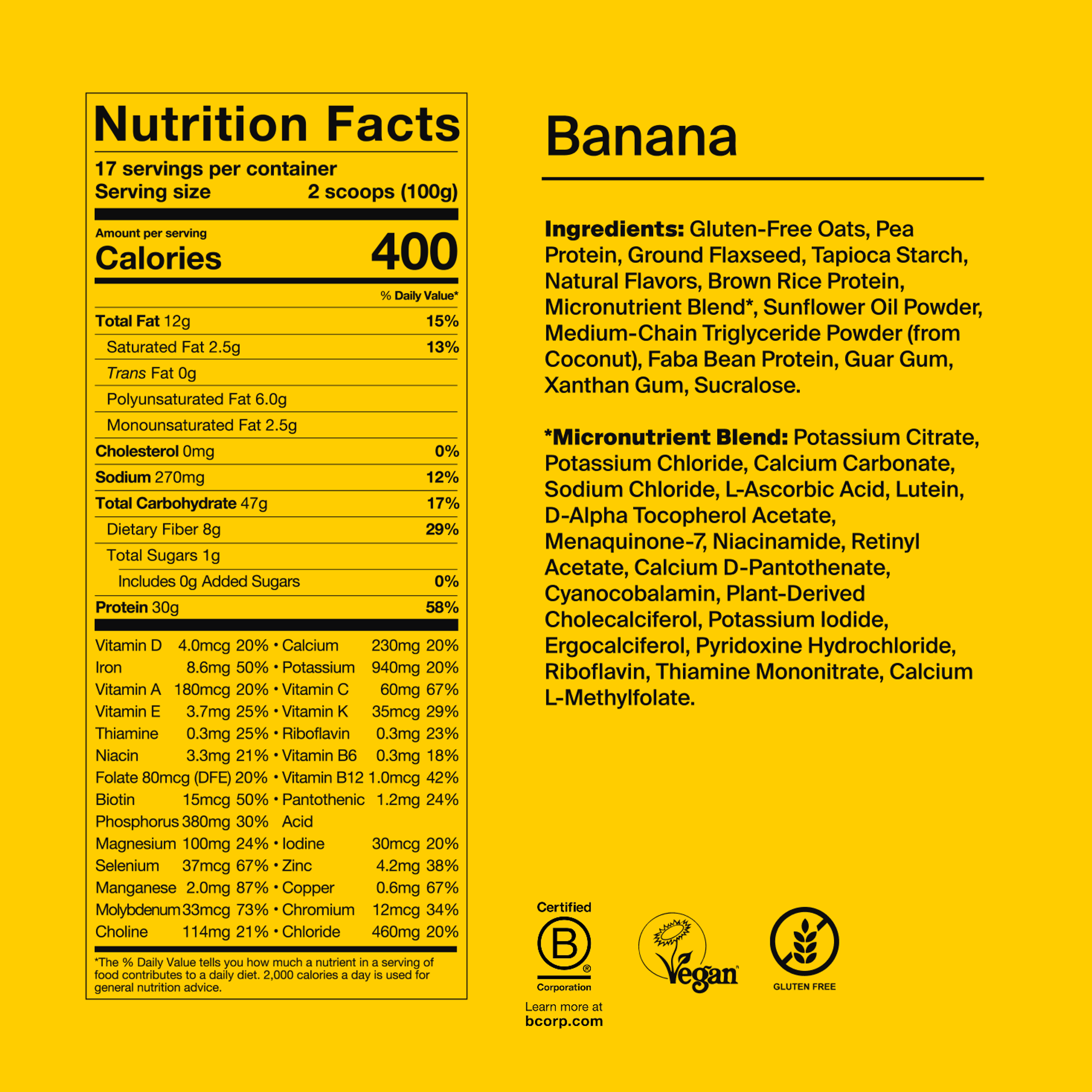 Back of pack nutritional information for Huel Powder