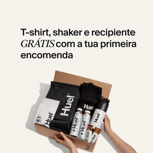 All the Huel Bestselling products next to a Black Huel T-shirt