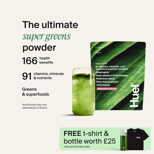A picture of a Daily Greens bottle with nutrition callouts