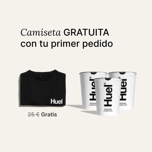Camiseta y entrega gratis con su primer pedido con imágenes de la camiseta gratis junto a 3 Huel Pots