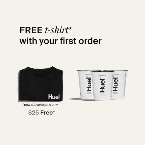 Free t-shirt with your first sub order wording with imagery of the free T-shirt alongside 3 Huel Cups