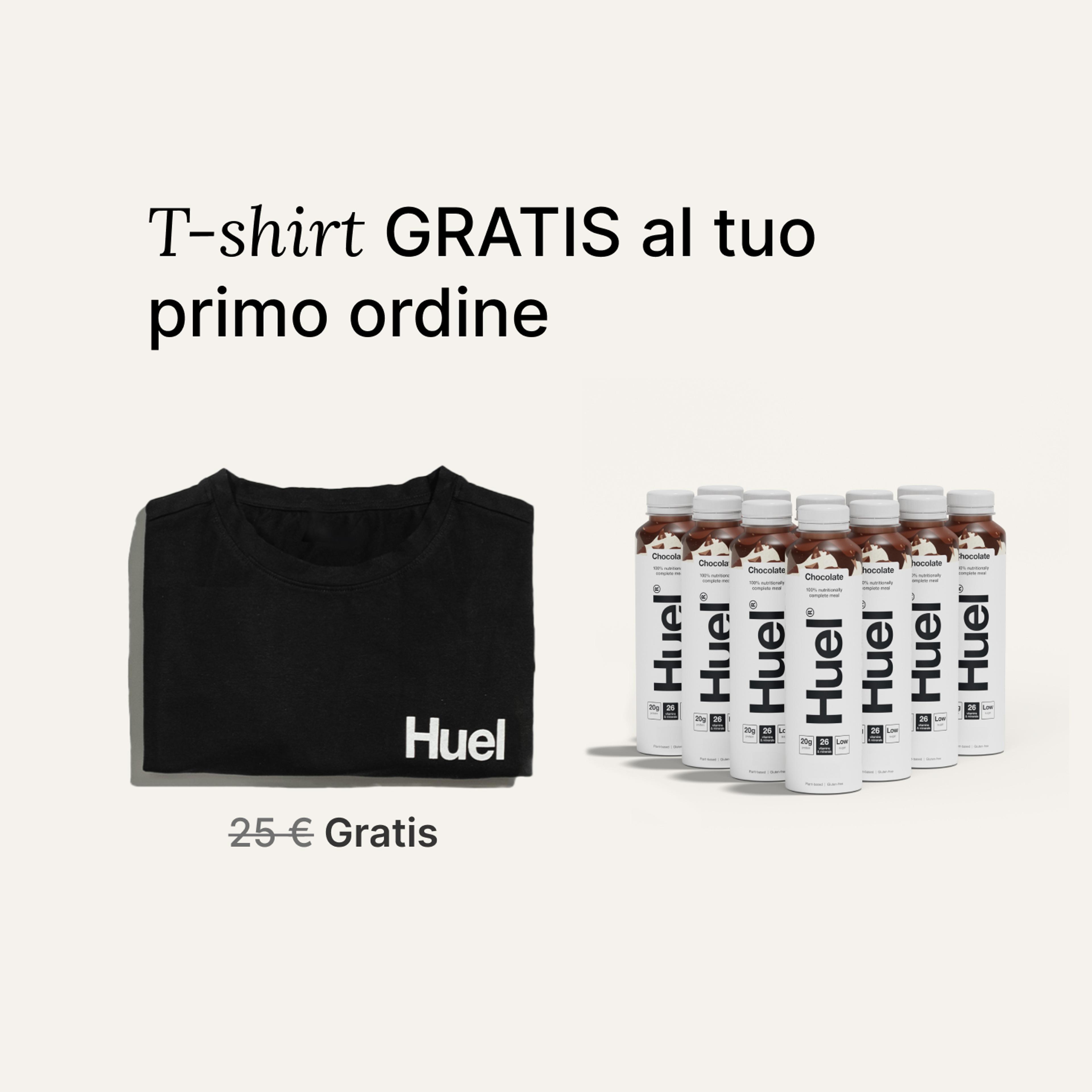 Un'immagine del contenuto del pacchetto di benvenuto Huel Ready-to-drink, che comprende una maglietta nera Huel.