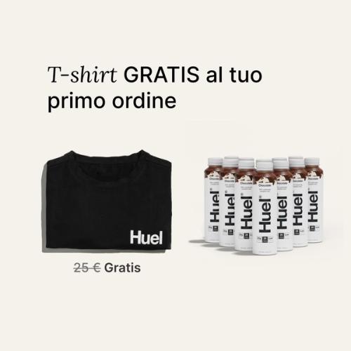 Un'immagine del contenuto del pacchetto di benvenuto Huel Ready-to-drink, che comprende una maglietta nera Huel.