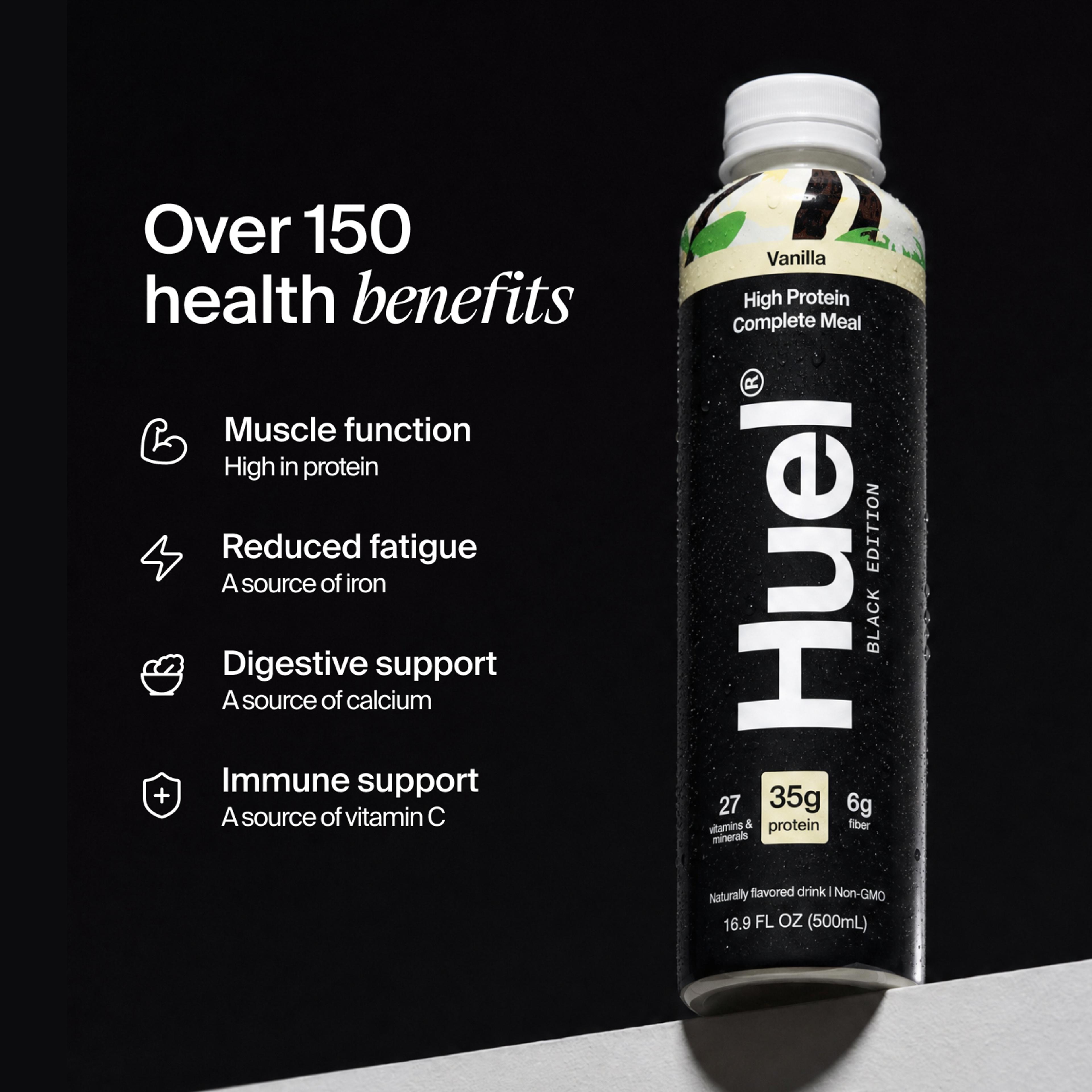 Bottle of Huel Ready-to-drink with health benefits written beside it