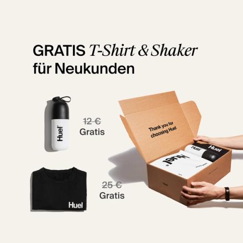 Unboxing a Huel starter kit containing a black Huel t-shirt and a Huel shaker