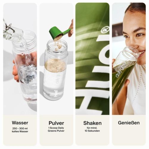 a visual, step-by-step guide for how to prepare the Greens - Add, Scoop, Shake, Enjoy! 