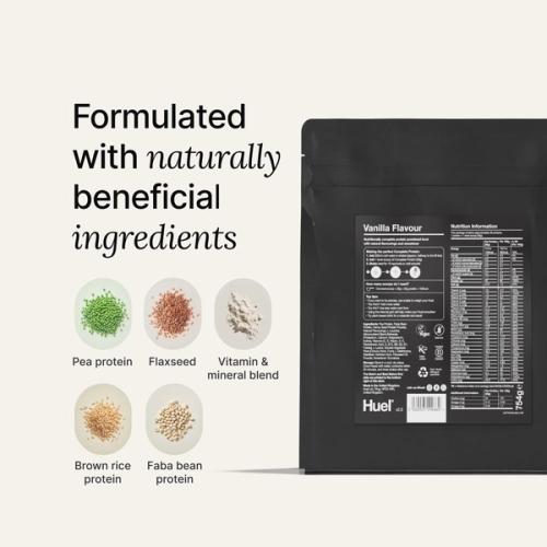 the back of a Huel complete protein powder bag containing nutritional information