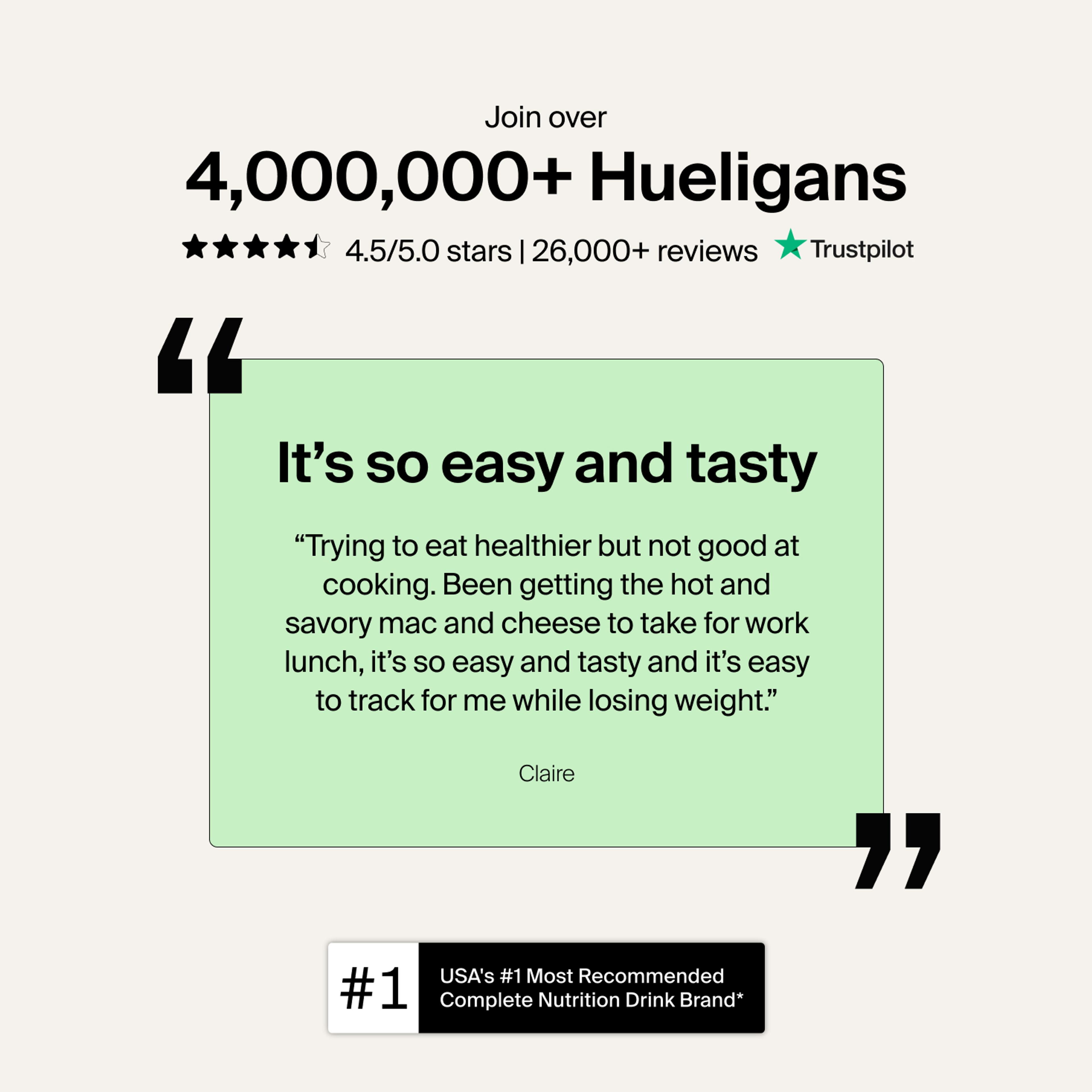 A real review from a Huel customer saying how Huel is easy and tasty, with added stats around Trustpilot reviews