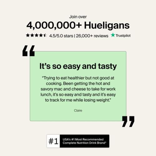 A real review from a Huel customer saying how Huel is easy and tasty, with added stats around Trustpilot reviews