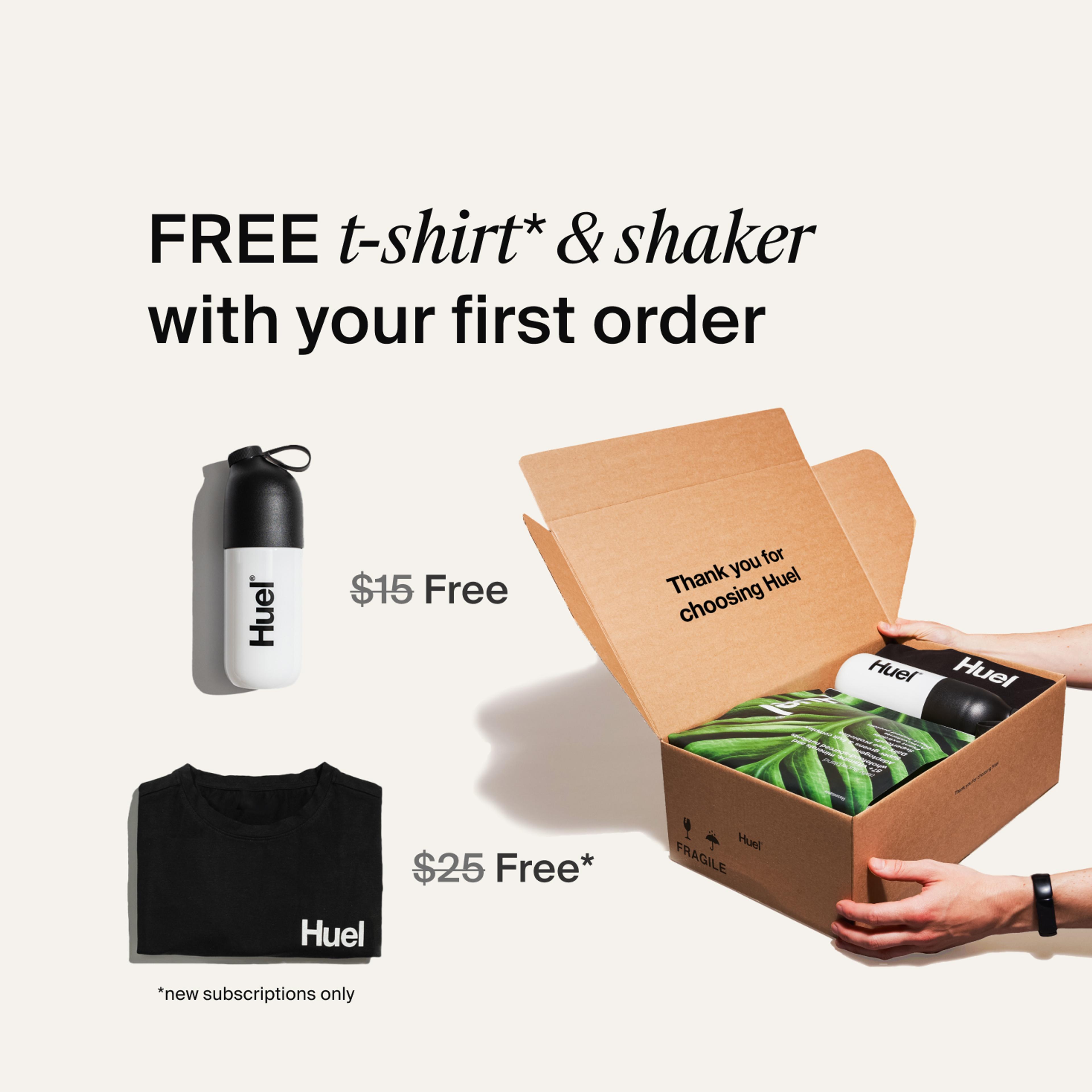 Unboxing a Huel order containing Superblend powder, a black Huel t-shirt, and a white and black Huel Shaker