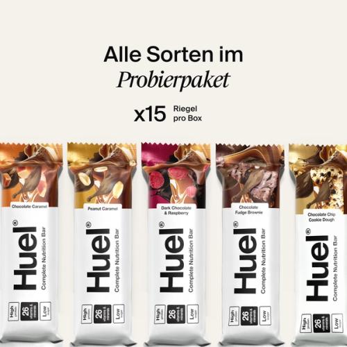 4 Huel Complete Nutrition bars, 1 of each flavour in the selection box