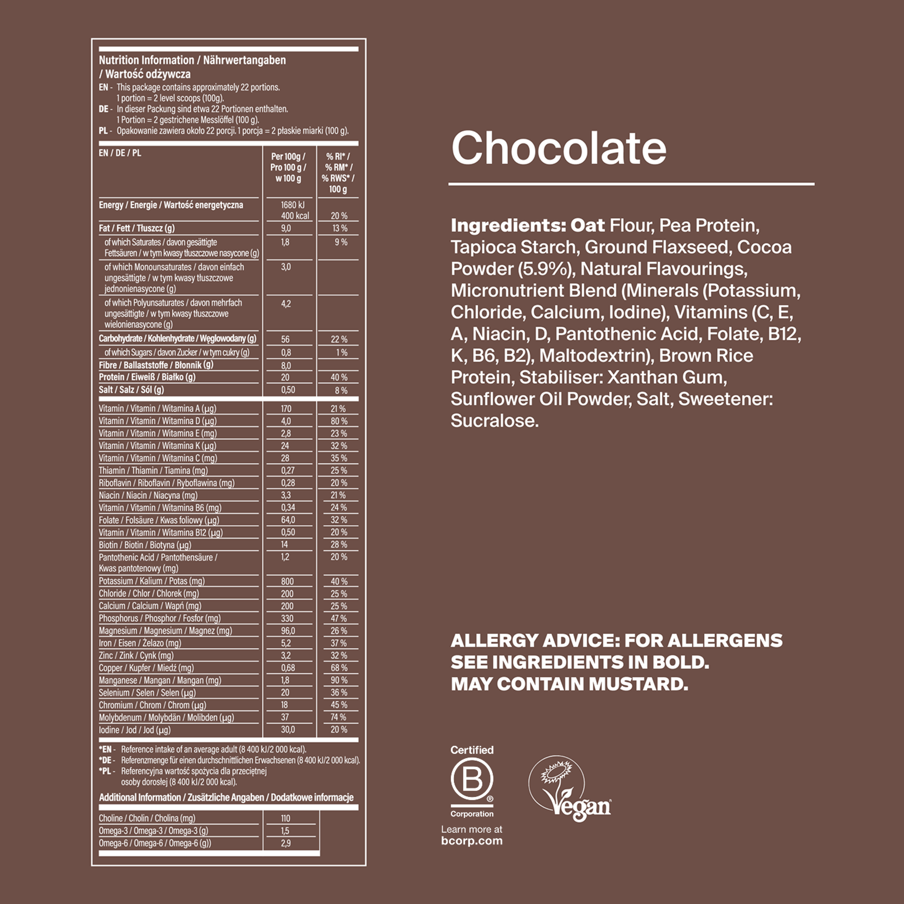 Back of pack nutritional information for Huel Essential