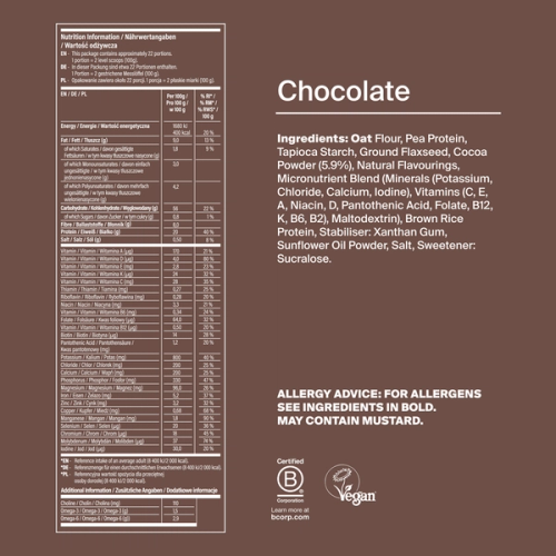 Back of pack nutritional information for Huel Essential
