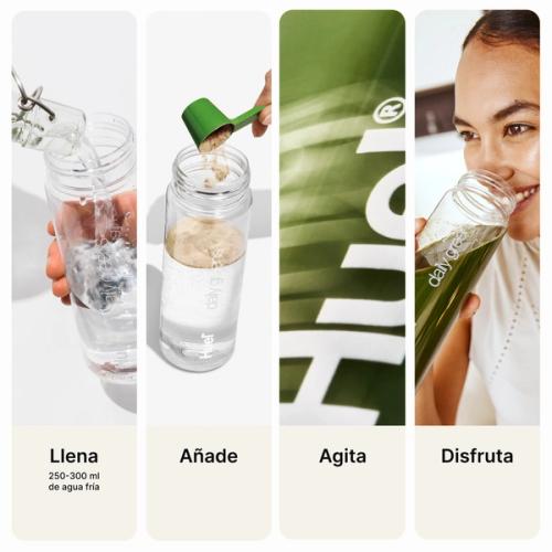 a visual, step-by-step guide for how to prepare the Greens - Add, Scoop, Shake, Enjoy! 