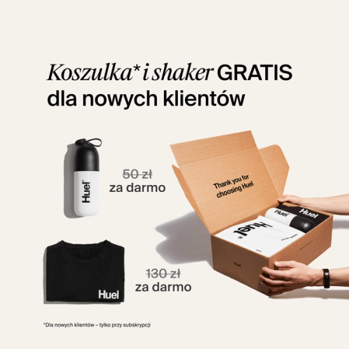 Otwieranie zestawu startowego Huel zawierającego czarną koszulkę Huel i shaker Huel.