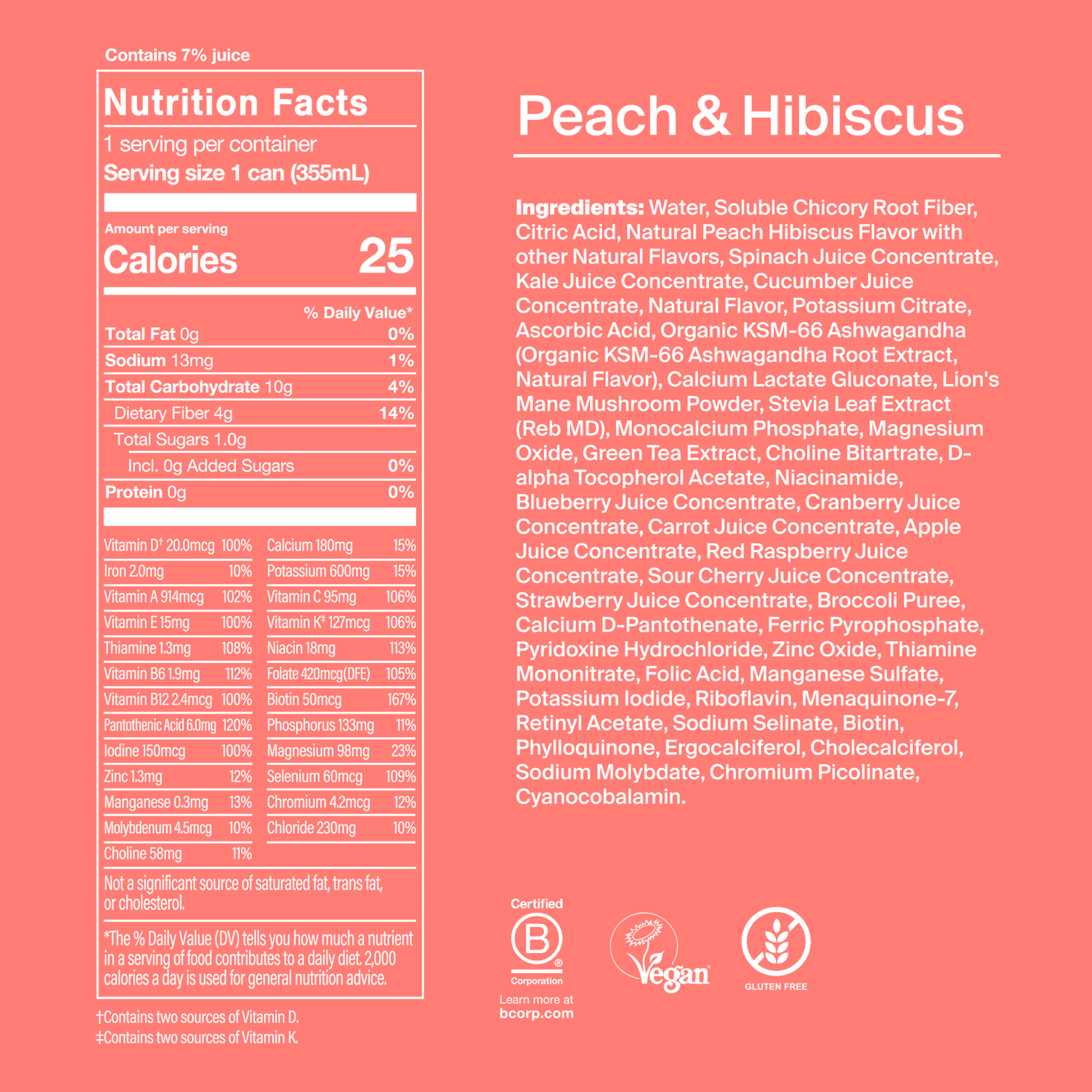 Nutrition facts and ingredients for Huel Daily Greens RTD Peach & Hibiscus