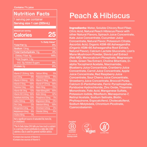 Nutrition facts and ingredients for Huel Daily Greens RTD Peach & Hibiscus