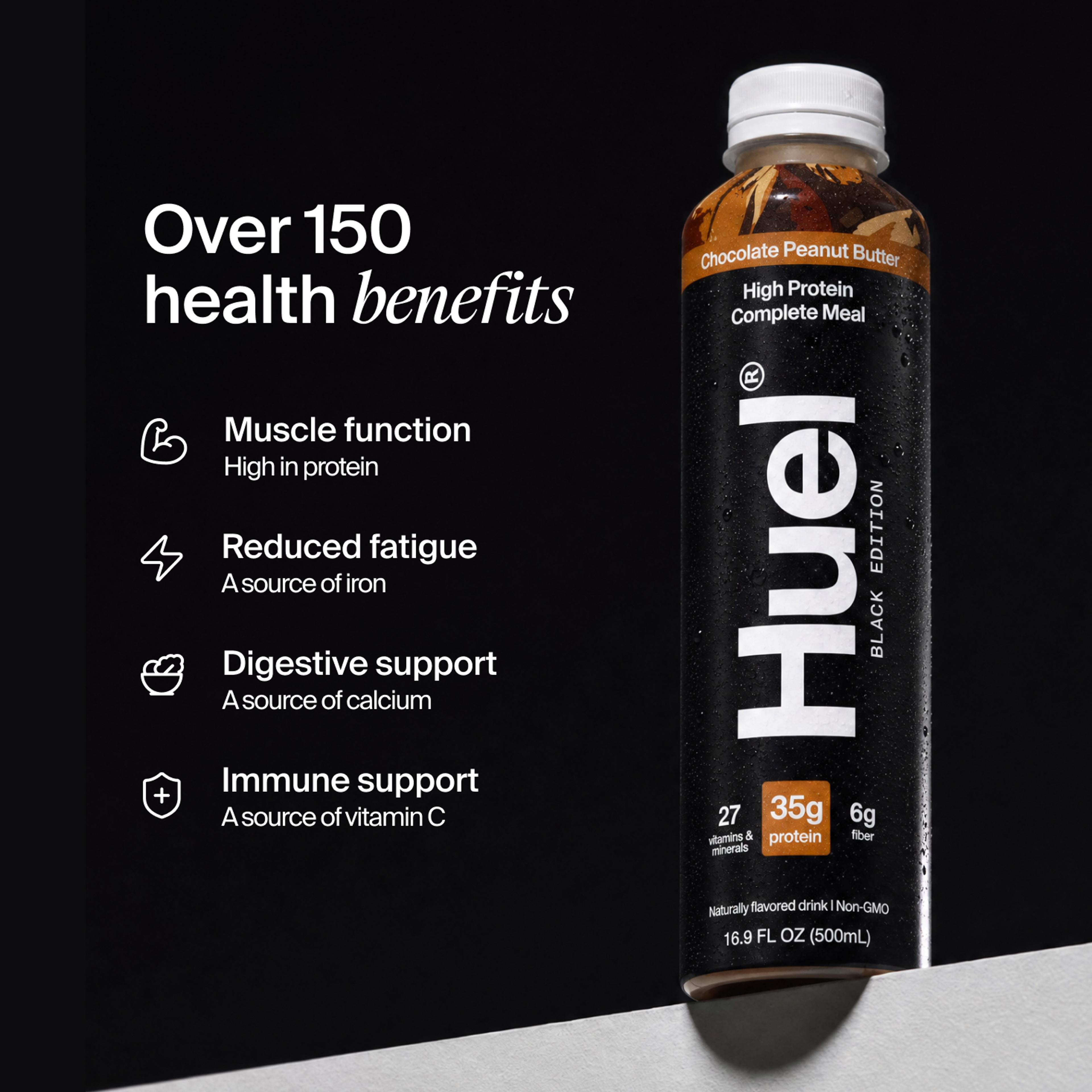 Bottle of Huel Ready-to-drink with health benefits written beside it