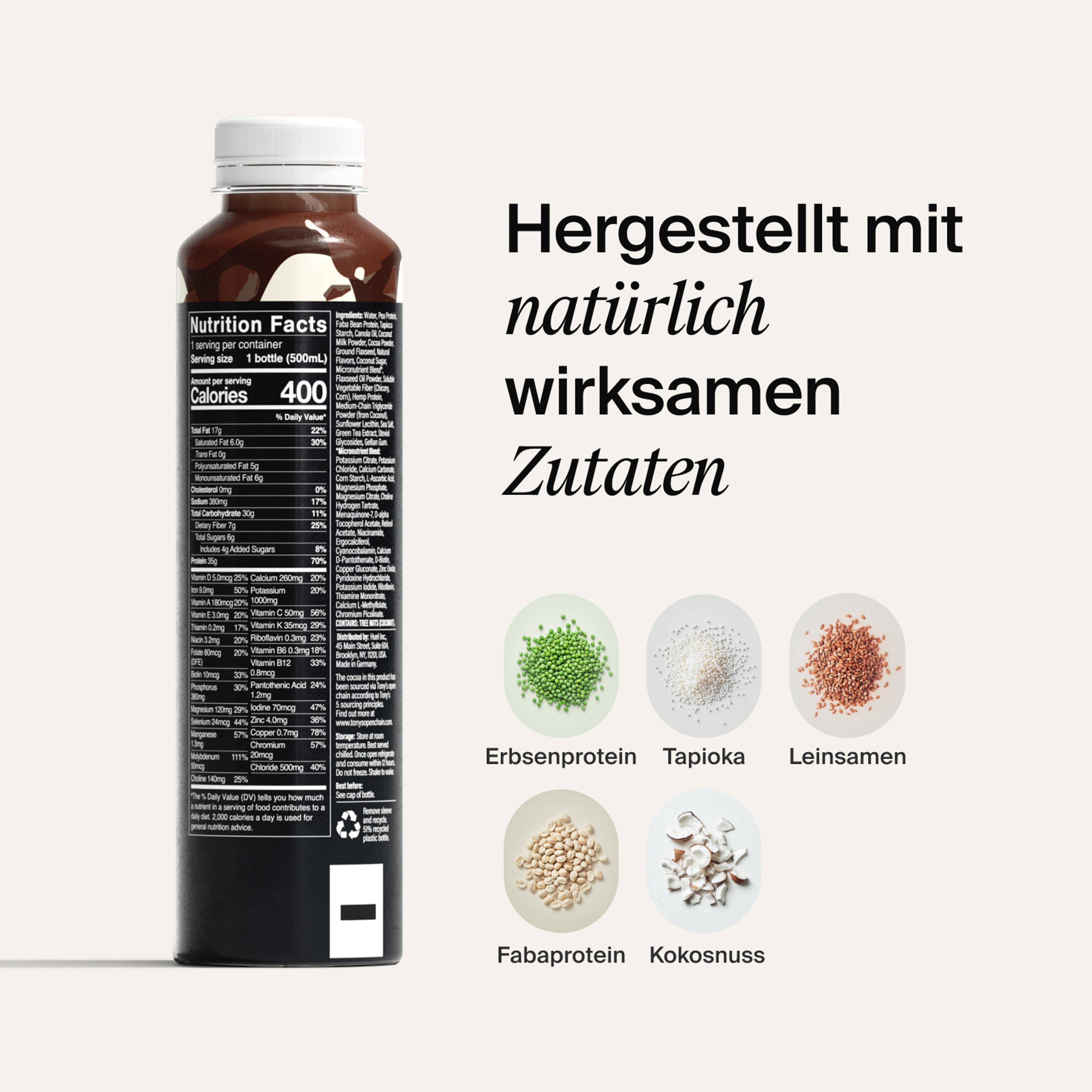 Eine Flasche Black Edition RTD mit Nährwertangaben auf der Packungsrückseite und Bilder von natürlichen Zutaten