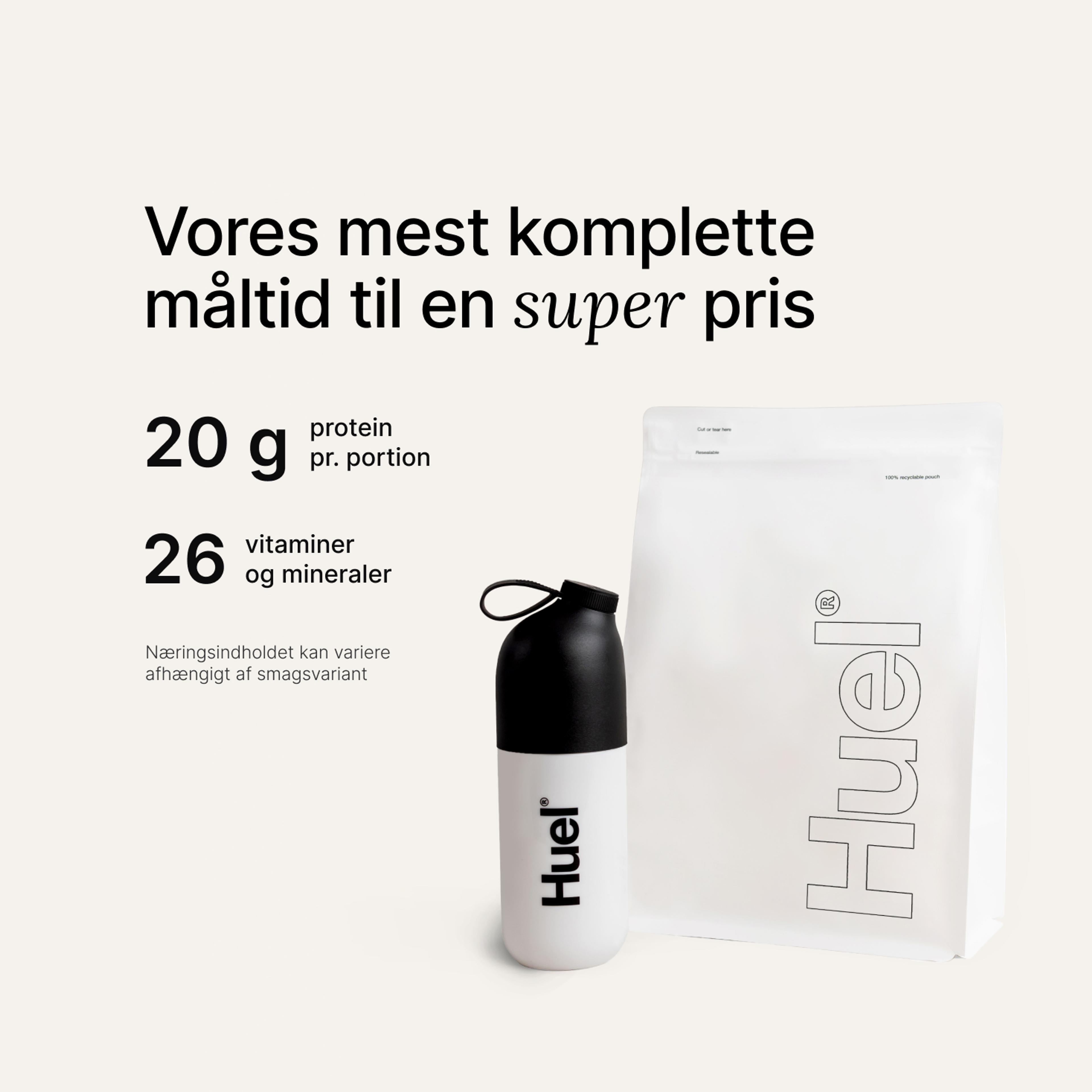 A white pouch of Huel Essential and a Huel shaker on a neutral colour background