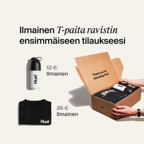 Huel-aloituspakkauksen purkaminen; pakkaus sisältää mustan Huel T-paidan ja Huel ravistimen