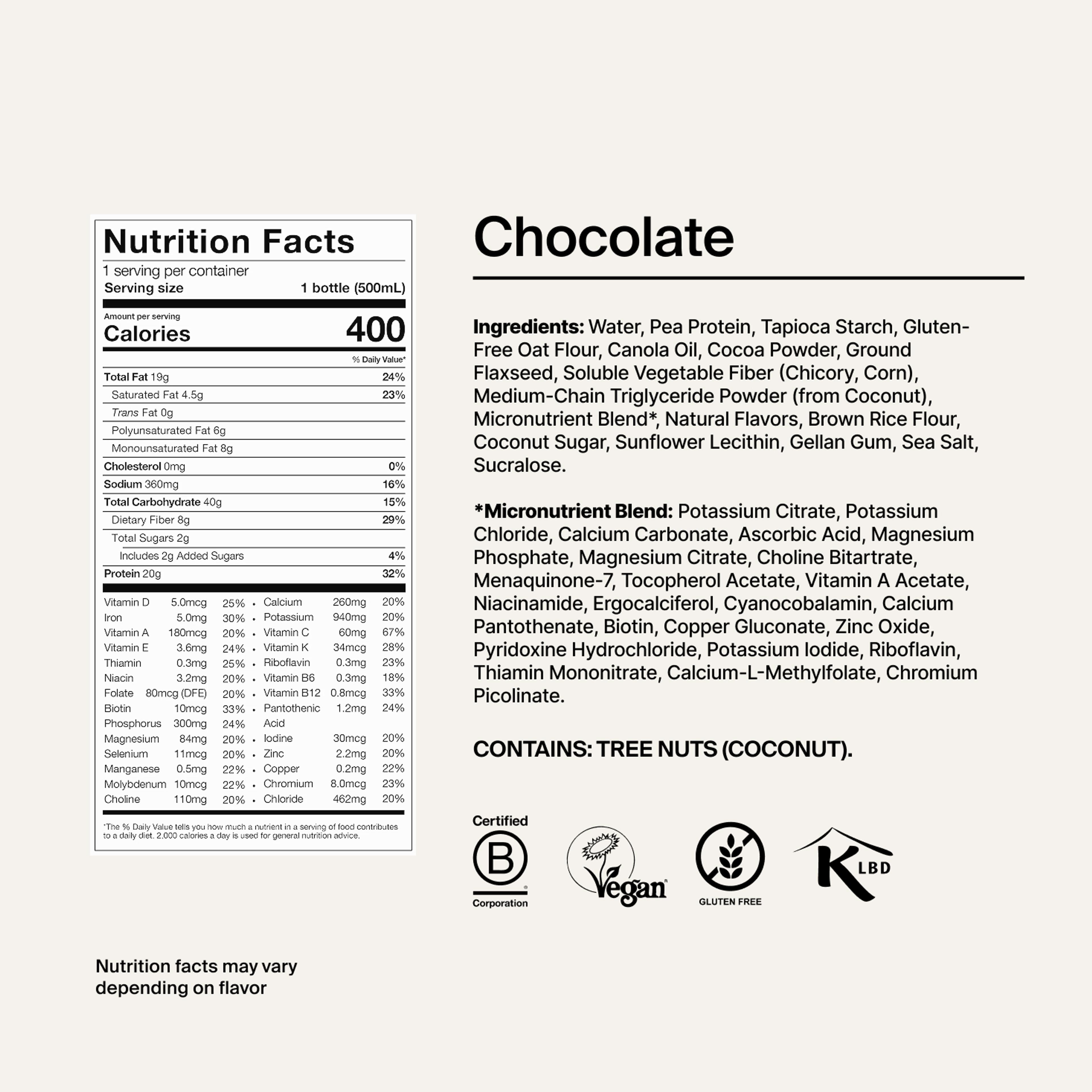 Nutritional label of t Chocolate Ready-to-drink with the wording 'Formulated with naturally beneficial ingredients'