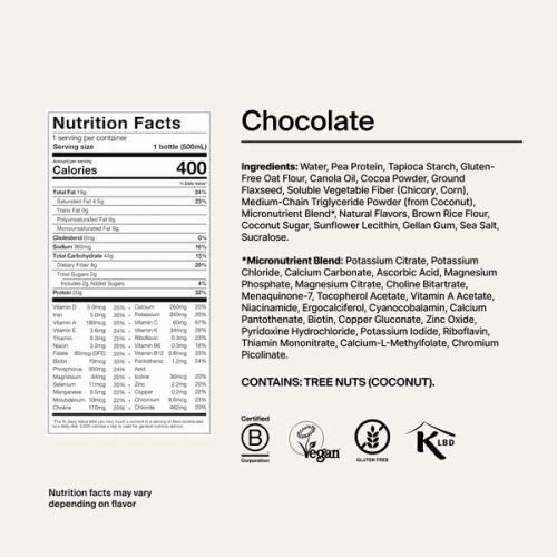 Nutritional label of t Chocolate Ready-to-drink with the wording 'Formulated with naturally beneficial ingredients'