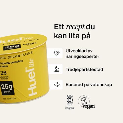 A pot of Huel Lite Ramen next to various callouts and logos