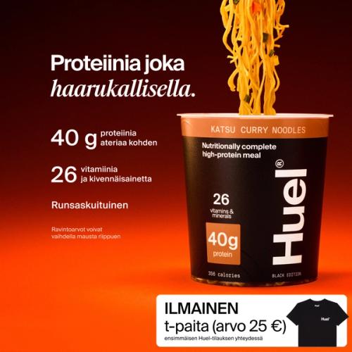 A pot of Huel Black Edition Ramen with Complete Nutrition callouts on a red and black gradient background